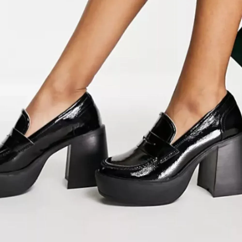 RAID Presha Platform Block Heel Loafers In Black Patent Baby Doll